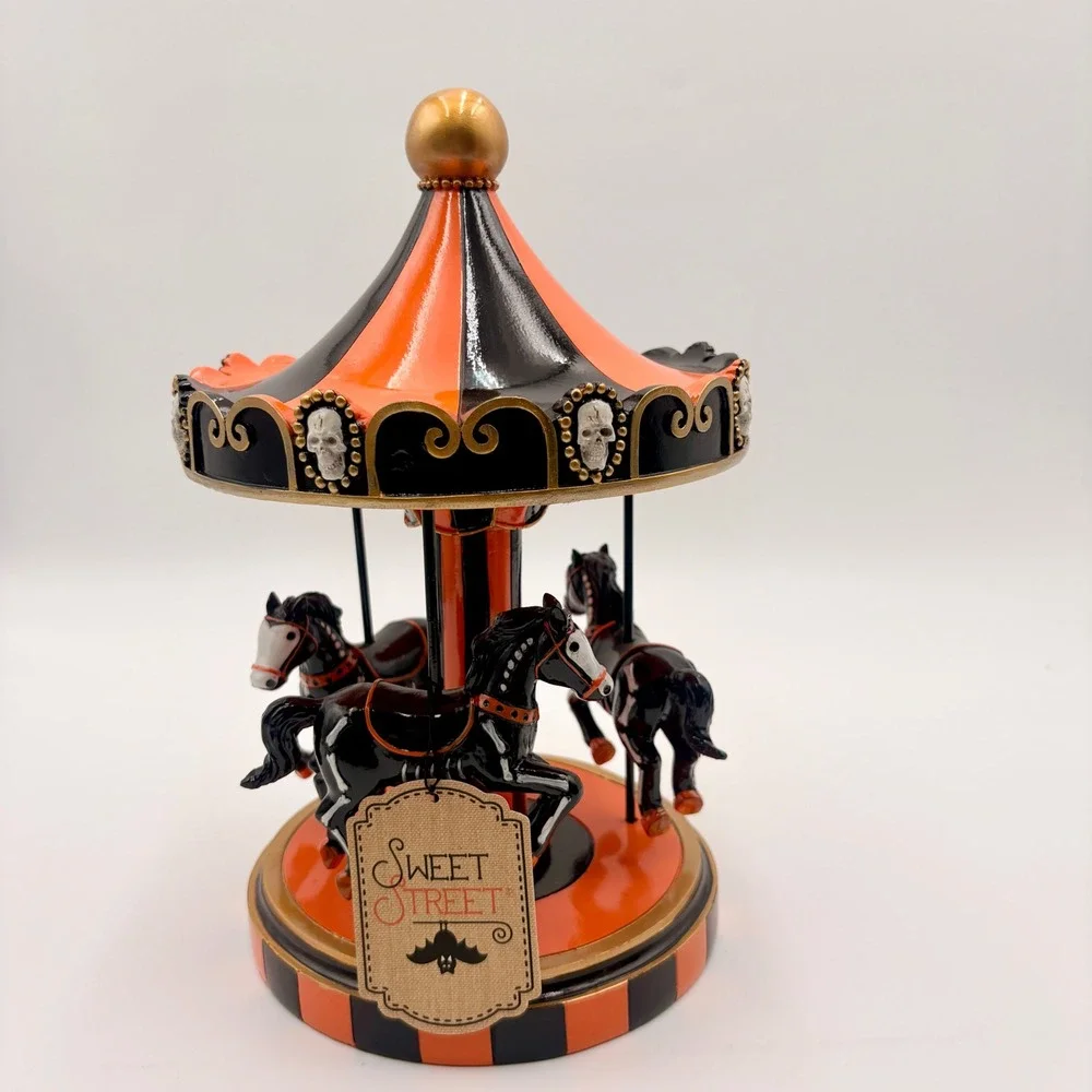 Sweet Street Halloween Skeleton Horse Carousel Figurine Orange Black Skulls